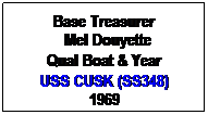 Text Box: Base Treasurer
 Mel Douyette
Qual Boat & Year
USS CUSK (SS348)
1969
 
 
